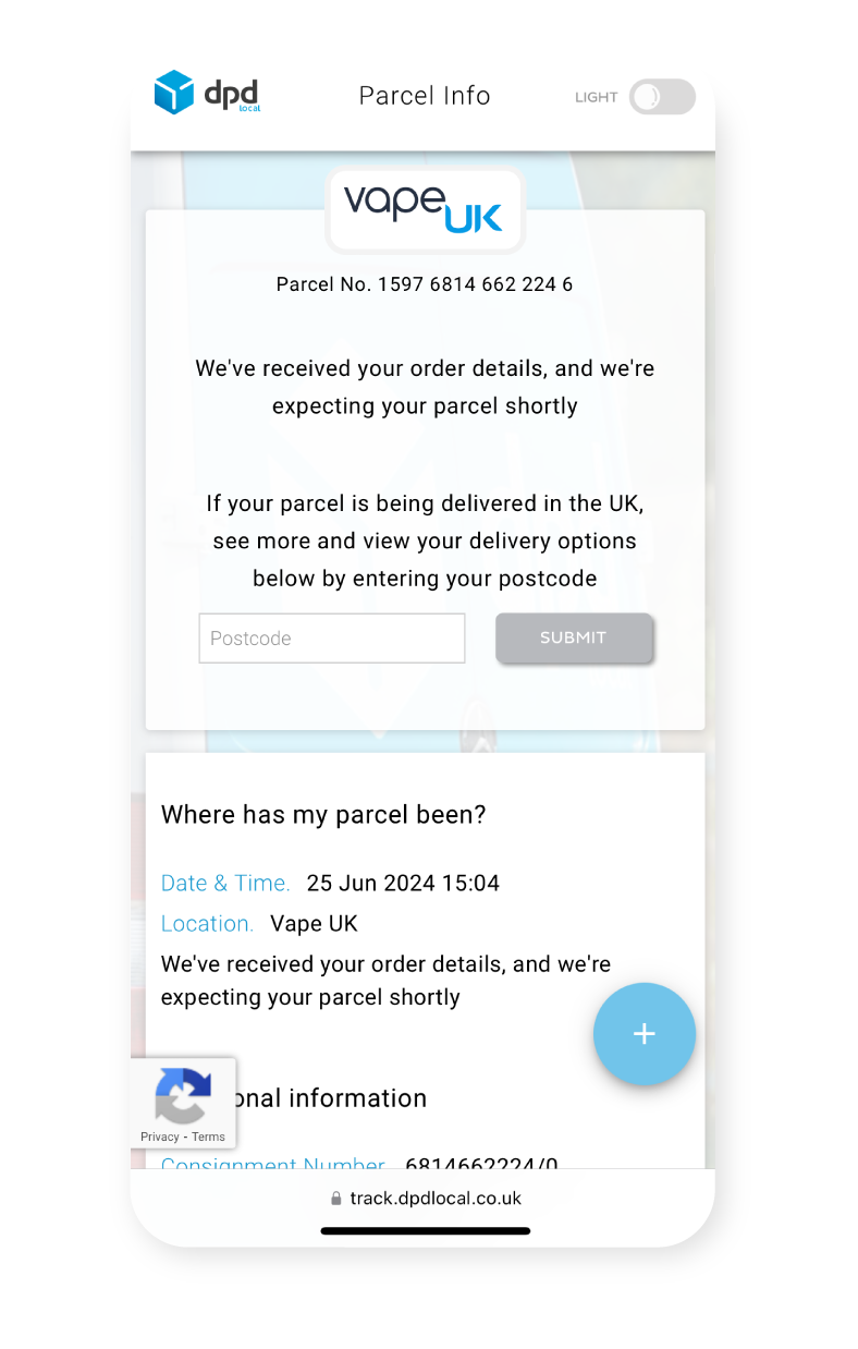 Image showing DPD Tracking history in website
