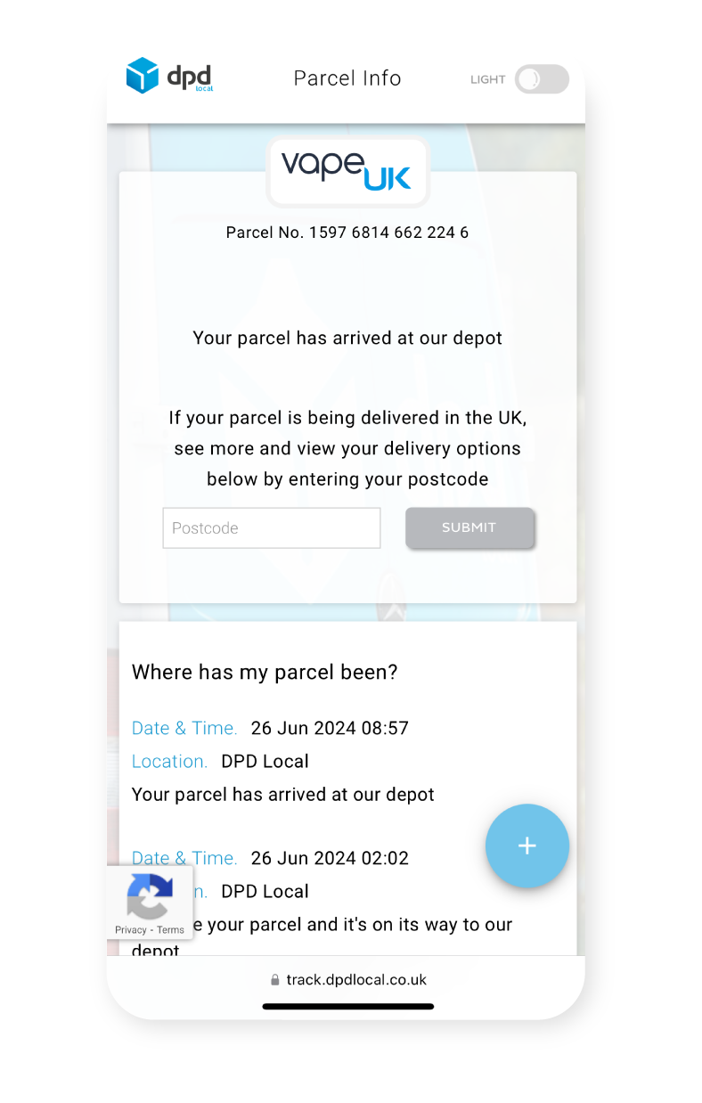 Image showing DPD Tracking history in website