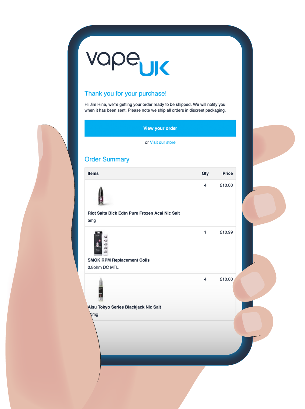 Image showing Vape UK order confirmation email
