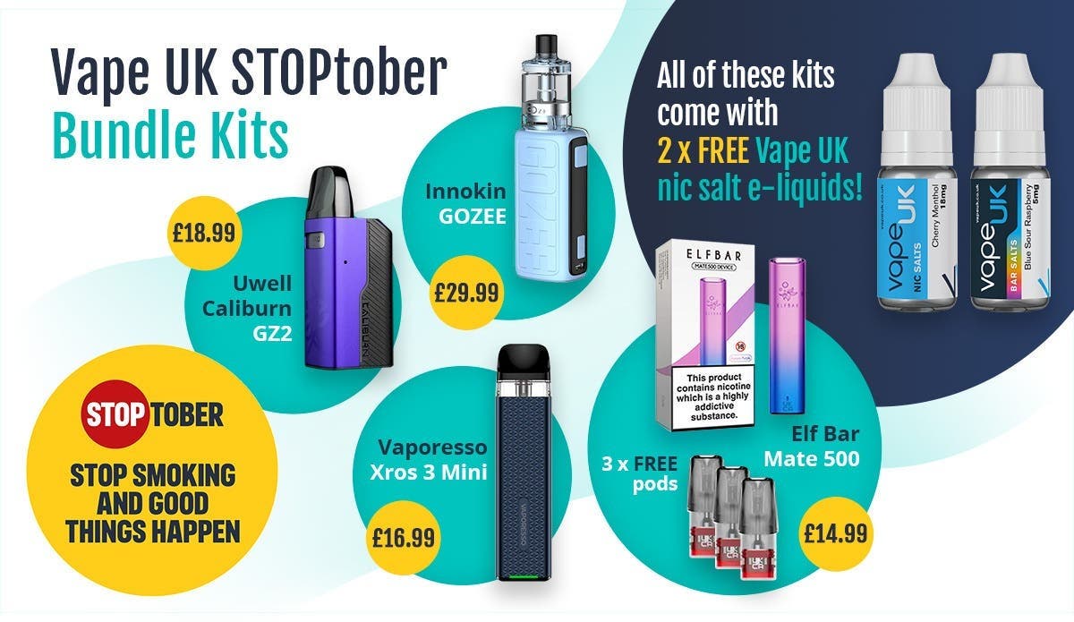 Vape UK Stoptober Bundle Kits - 2 free e-liquids included Vape UK Stoptober Bundle Kits - 2 free e-liquids included