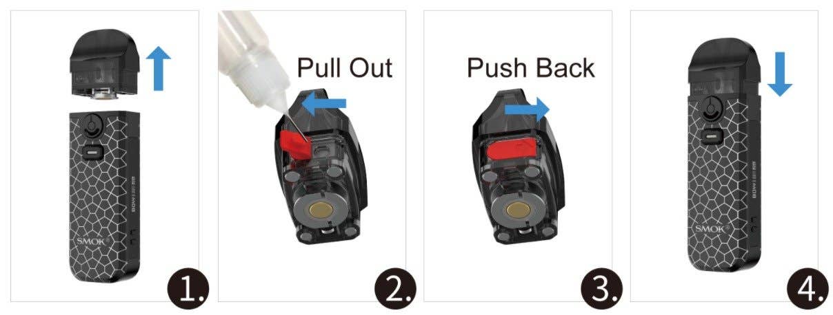 Remove pod. Pull rubber plug out. Fill with e-liquid. Push rubber plug back. Install pod into device.