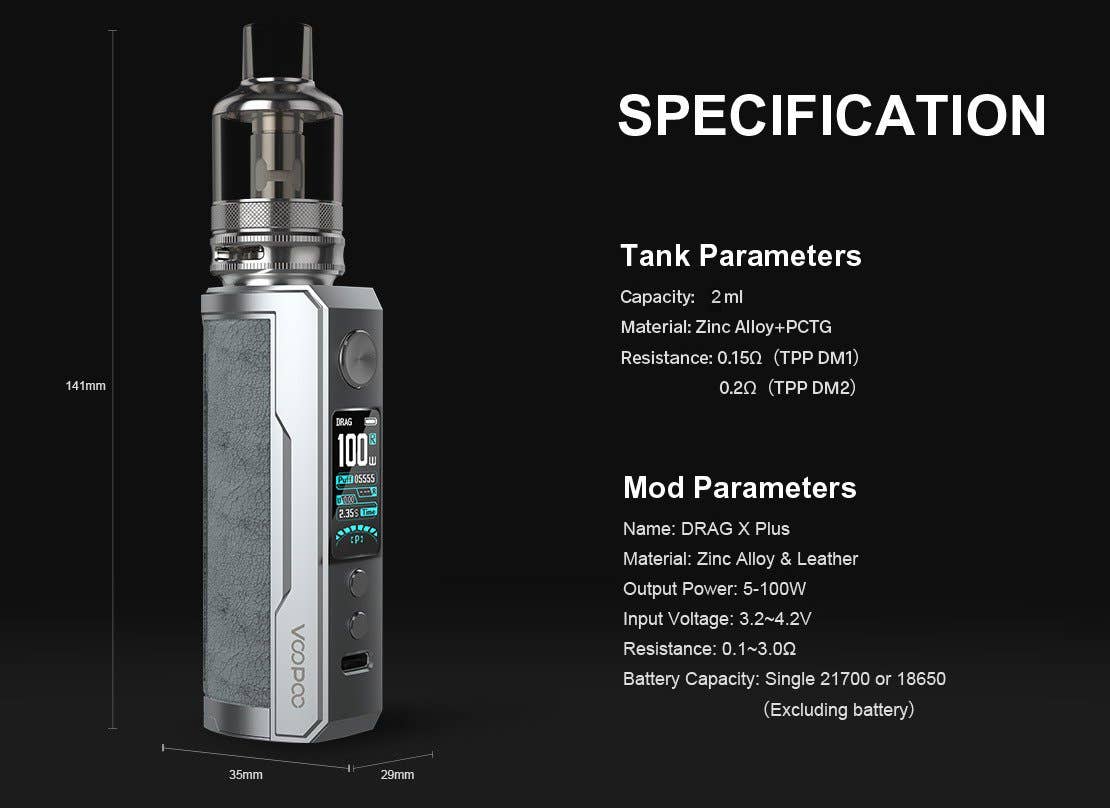 Specifications of the pod and mod parameters of the Drag X Plus