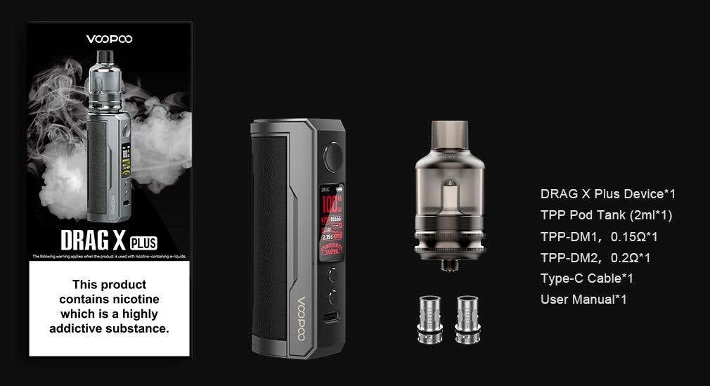 Package list. Drag X Plus device, tpp pod tank, tpp-dm1 & tpp-dm2 coil, USB type C cable and a user manual.