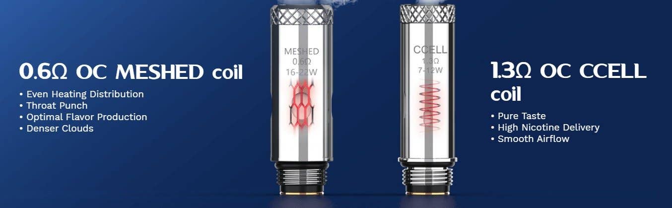 Two types of coils for the Orca Solo Plus. 0.6 ohm Mesh and 1.3 ohm CCELL.