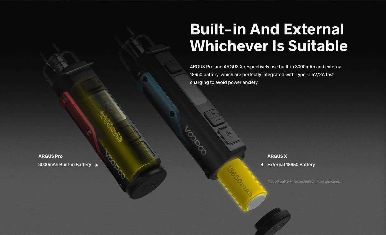 Featuring USB Type-C charging, the VooPoo Argus X Pod Mod Kit can be recharged much quicker than previous USB-Mini
