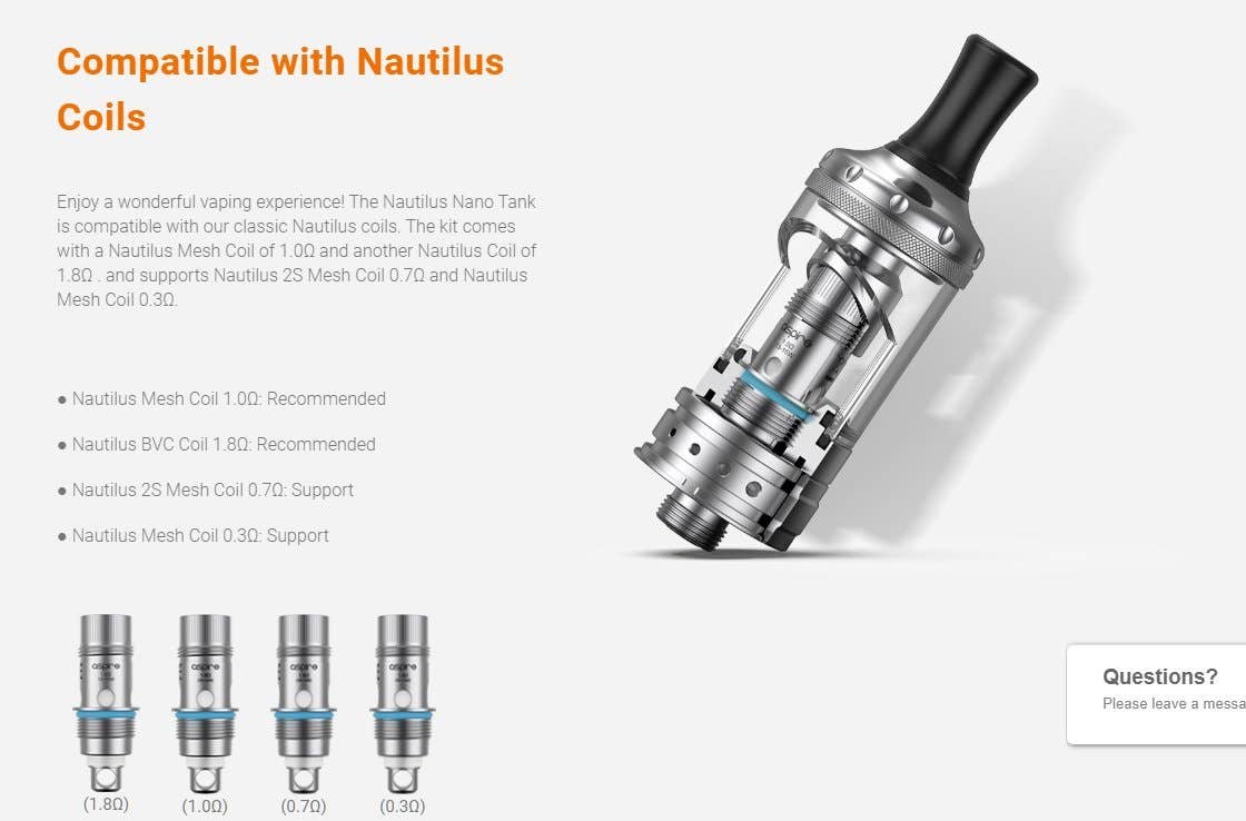 The Nautilus Nano tank is compatible with the classic Nautilus coils from Aspire.