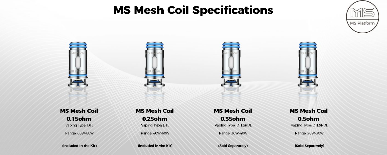 MS mesh coils are available in four styles, each with their own resistance. MS mesh coils have styles for DTL vaping and RDL vaping.