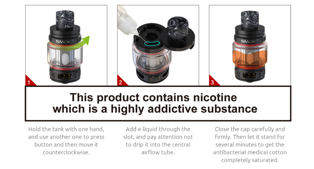 Press button, rotate counterclockwise and then firmly close. How to fill with e-liquid. Press button, rotate counterclockwise and then firmly close.