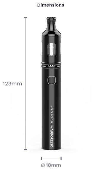 Vaporesso Orca Solo Plus Kit Dimensions of the Orca Solo Plus Kit. Height is 123 mm. Diamter is 18 mm.