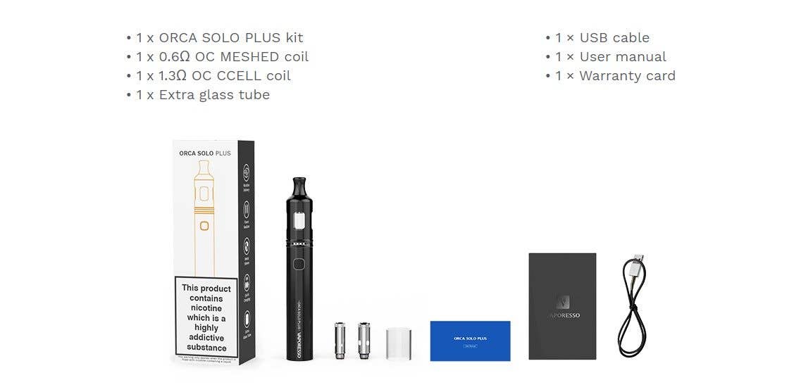 Vaporesso Orca Solo Plus Kit The included items within the package.