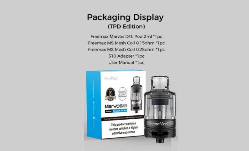 Outside view of the Marvos DTL Pod Tank packaging.