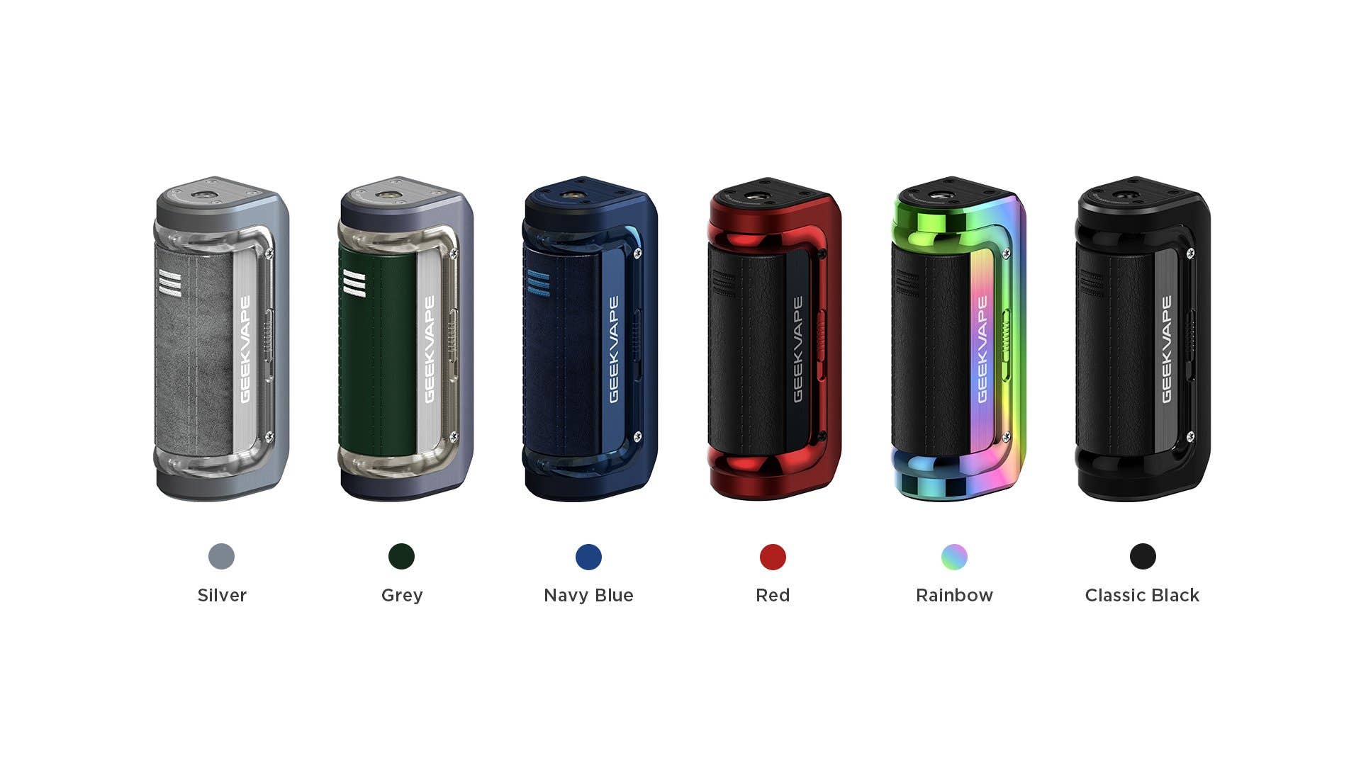 The Geekvape Aegis Mini 2 Mod comes in: Silver, Grey, Blue, Red, Rainbow and Classic Black Available in the following colours: Silver, Grey, Blue, Red, Rainbow and Classic Black