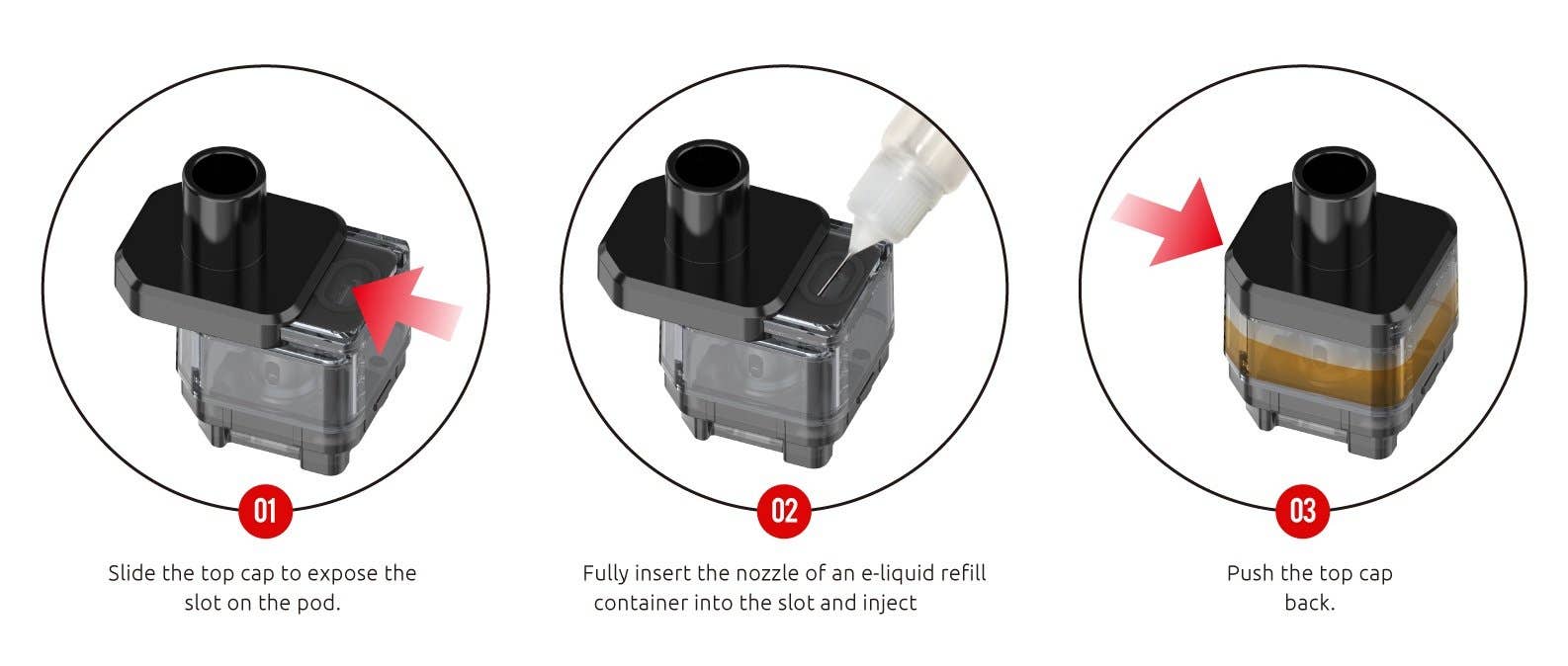 To fill the G-Priv pods with vape juice, simply remove the fill port and insert the nozzle into the top.