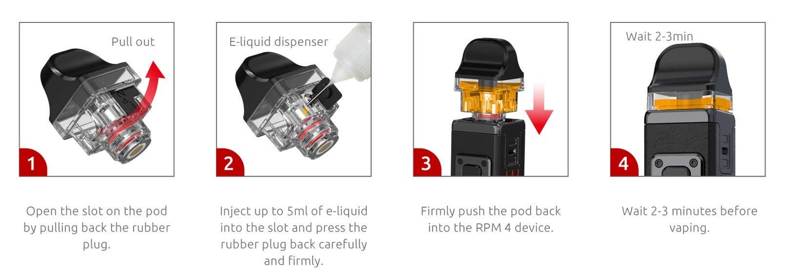 To fill the RPM4 pods with vape juice, simply remove the fill port and insert the nozzle into the top.