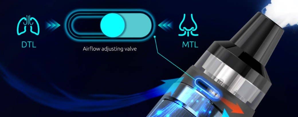 Adjust the airflow valve for DTL or MTL vaping.