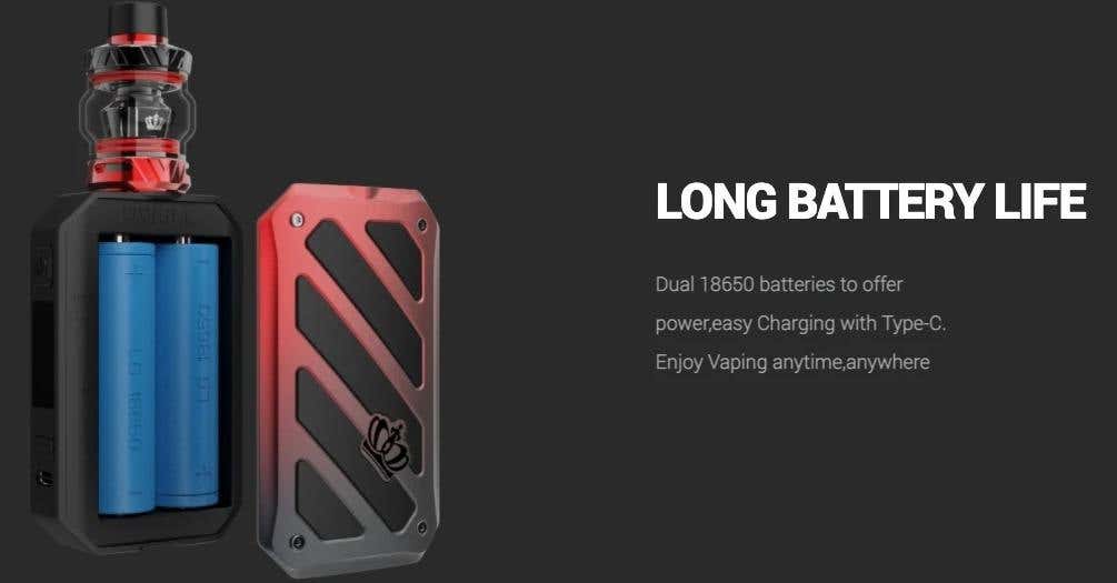 Uwell Crown 5 / Crown V Kit Powered by 2 x 18650 batteries and charged by USB Type-C.