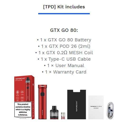Vapresso GTX 80 Go kit Outside contents of GTX 80 go