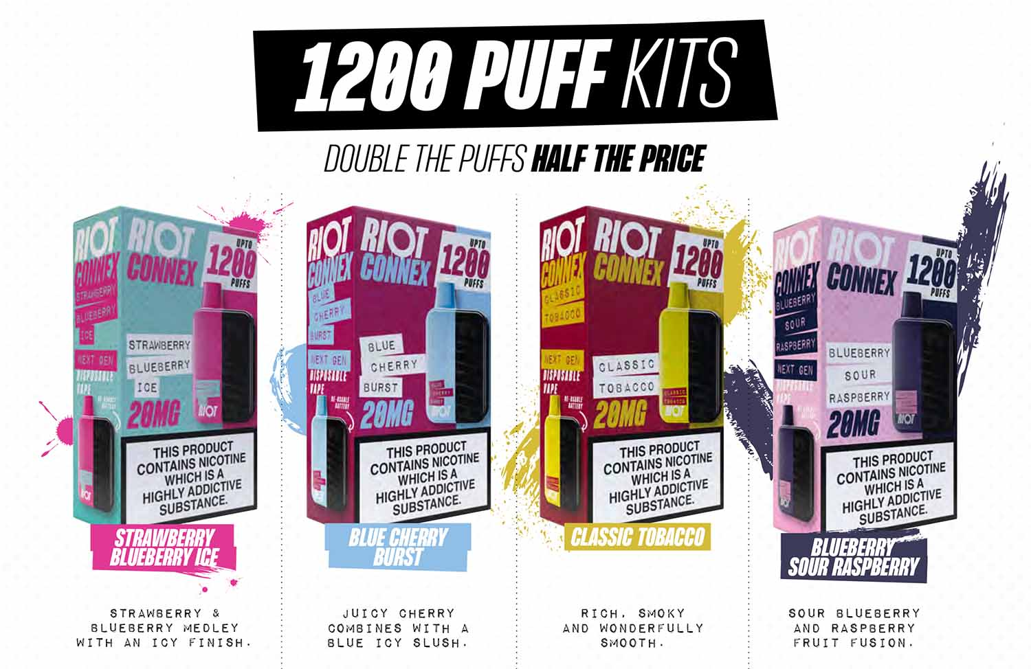 Example Flavours of the Riot Connex Vape Kit Example Flavours of the Riot Connex Vape Kit